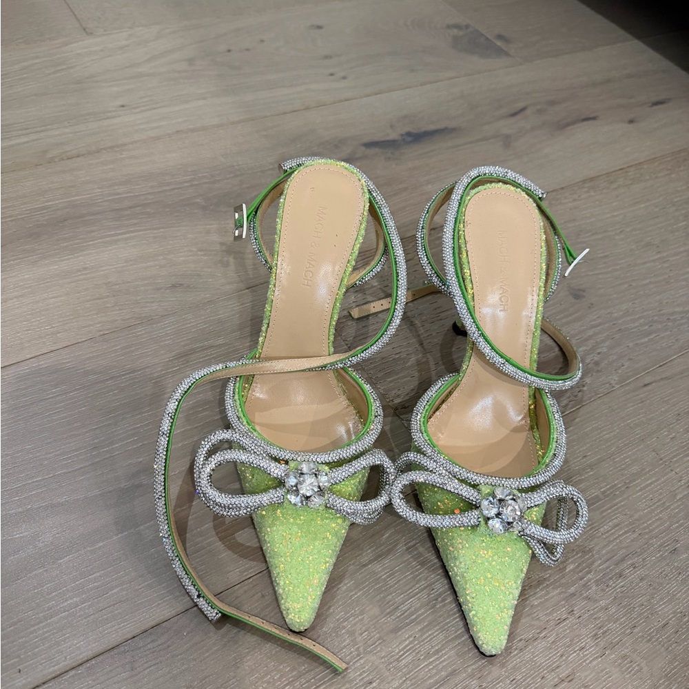 MACH & MACH Lime Glitter Heels with Silver Bow